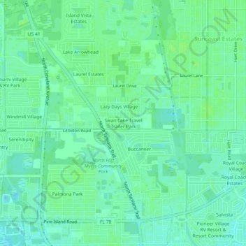 Swan Lake Travel Trailer Park地形图、海拔、地势