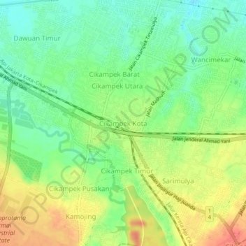 Cikampek Kota地形图、海拔、地势