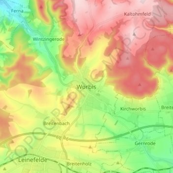 Worbis地形图、海拔、地势