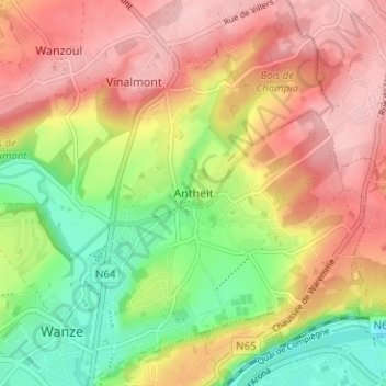 Antheit地形图、海拔、地势