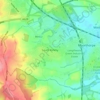 South Kirkby地形图、海拔、地势