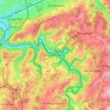 Beyenburg地形图、海拔、地势
