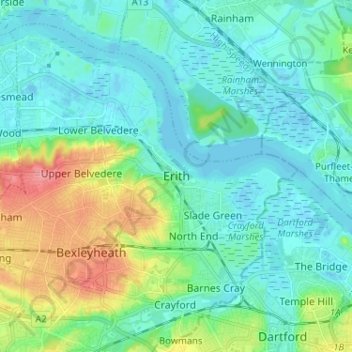 Erith地形图、海拔、地势