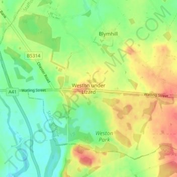 Weston under Lizard地形图、海拔、地势