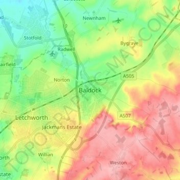 Baldock地形图、海拔、地势
