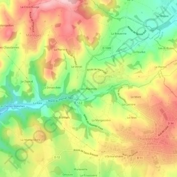 Les Placettes地形图、海拔、地势