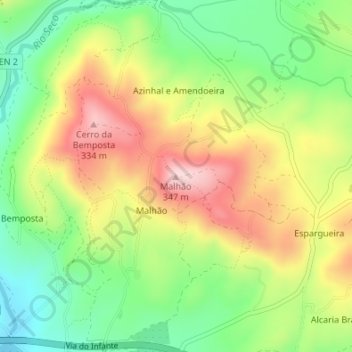 Malhão地形图、海拔、地势
