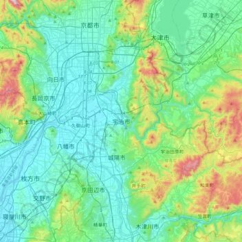 宇治市地形图、海拔、地势