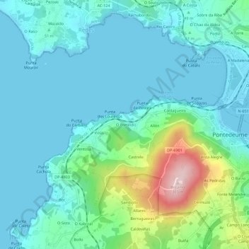 O Portiño地形图、海拔、地势
