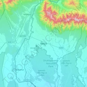 Bhimdatta地形图、海拔、地势