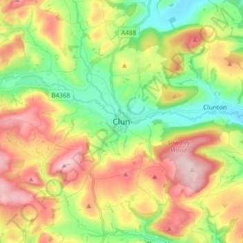 Clun地形图、海拔、地势