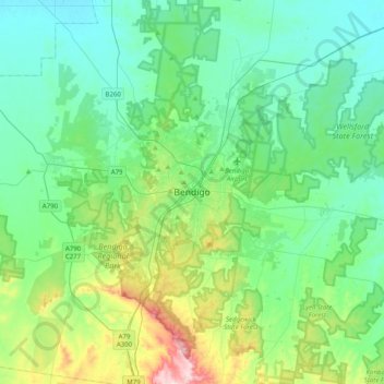 本迪戈地形图、海拔、地势