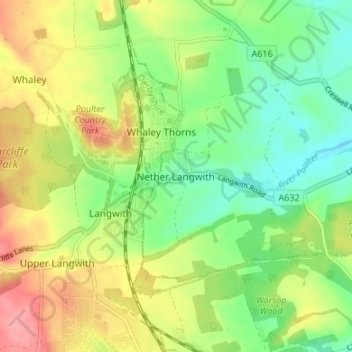 Nether Langwith地形图、海拔、地势