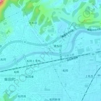 白石川堤一目千本桜 桜のトンネル地形图、海拔、地势
