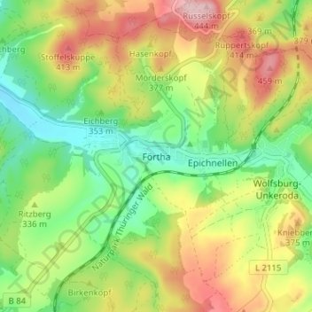 Förtha地形图、海拔、地势