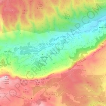 Benialí地形图、海拔、地势