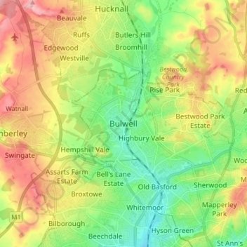 Bulwell地形图、海拔、地势
