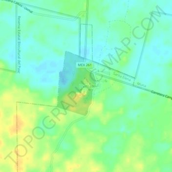 Uxmal地形图、海拔、地势