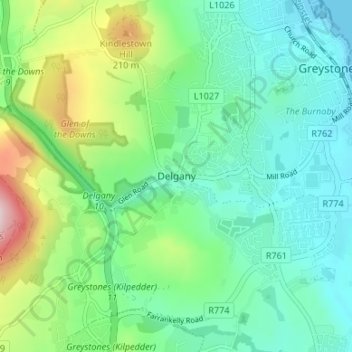 Delgany地形图、海拔、地势