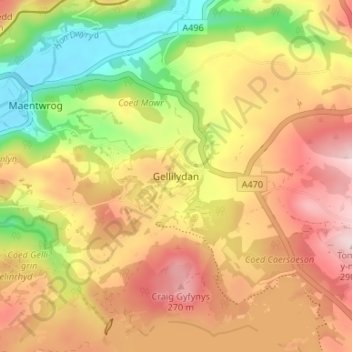 Gellilydan地形图、海拔、地势