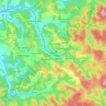 Komló地形图、海拔、地势