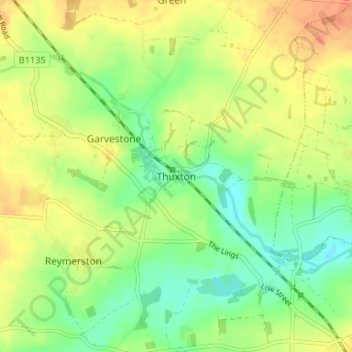Thuxton地形图、海拔、地势