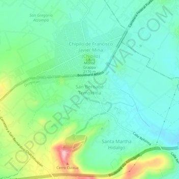 San Bernabé Temoxtitla地形图、海拔、地势