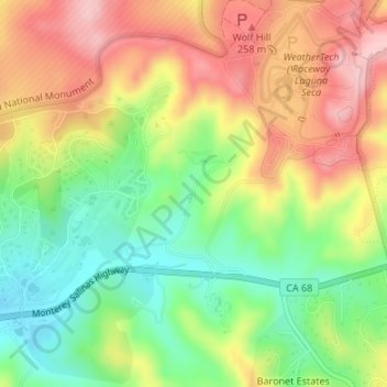 Leguna Seca Recreational Area地形图、海拔、地势