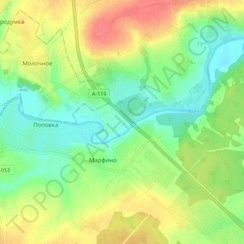 Деревенька地形图、海拔、地势