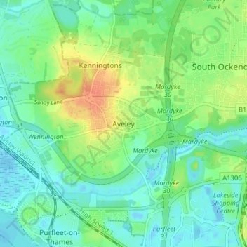 Aveley地形图、海拔、地势