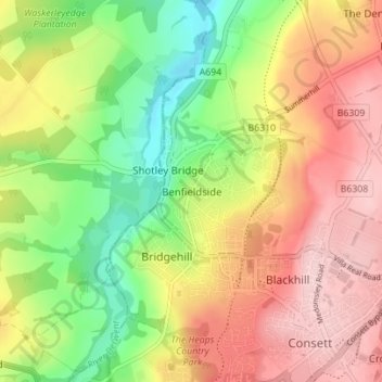 Benfieldside地形图、海拔、地势