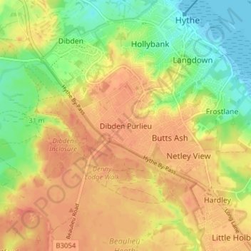 Dibden Purlieu地形图、海拔、地势