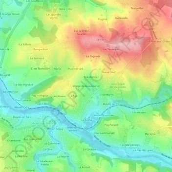 Village de Beaubonnat地形图、海拔、地势