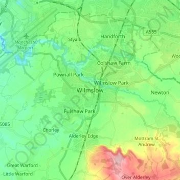 Wilmslow地形图、海拔、地势