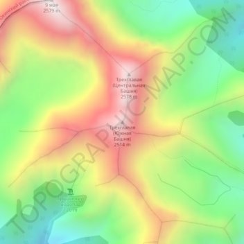 Трехглавая (Южная Башня)地形图、海拔、地势