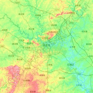自贡市地形图、海拔、地势