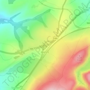 Sourton Down地形图、海拔、地势