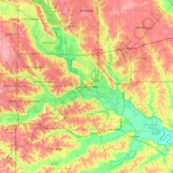 Des Moines地形图、海拔、地势