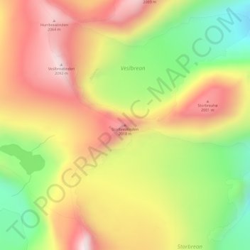Storbreatinden地形图、海拔、地势