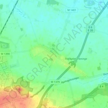 Fleninge地形图、海拔、地势