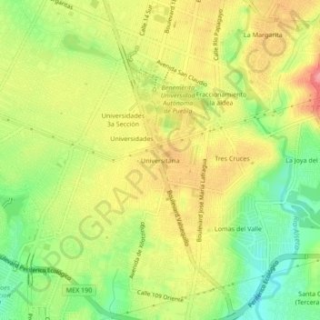 Universitaria地形图、海拔、地势