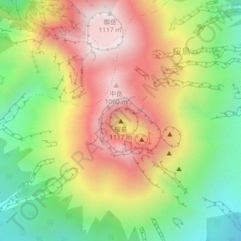 桜島地形图、海拔、地势