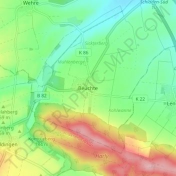 Beuchte地形图、海拔、地势