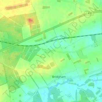 Roudham地形图、海拔、地势