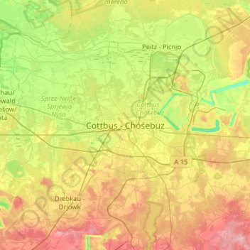 Cottbus地形图、海拔、地势