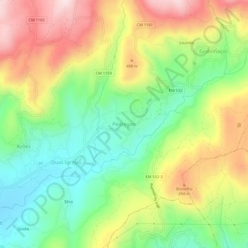Pedregais地形图、海拔、地势