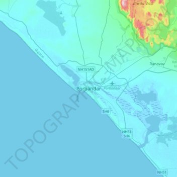 Porbandar地形图、海拔、地势