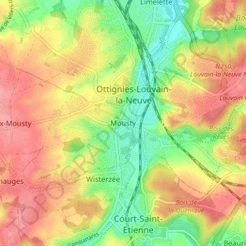 Mousty地形图、海拔、地势