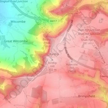 Birdlip地形图、海拔、地势