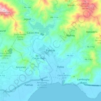 Patillas地形图、海拔、地势
